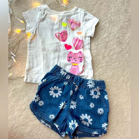 Children's Place Other - Baby Girl White Top Pink Hearts Kitty and Soft Denim Floral Shorts Set